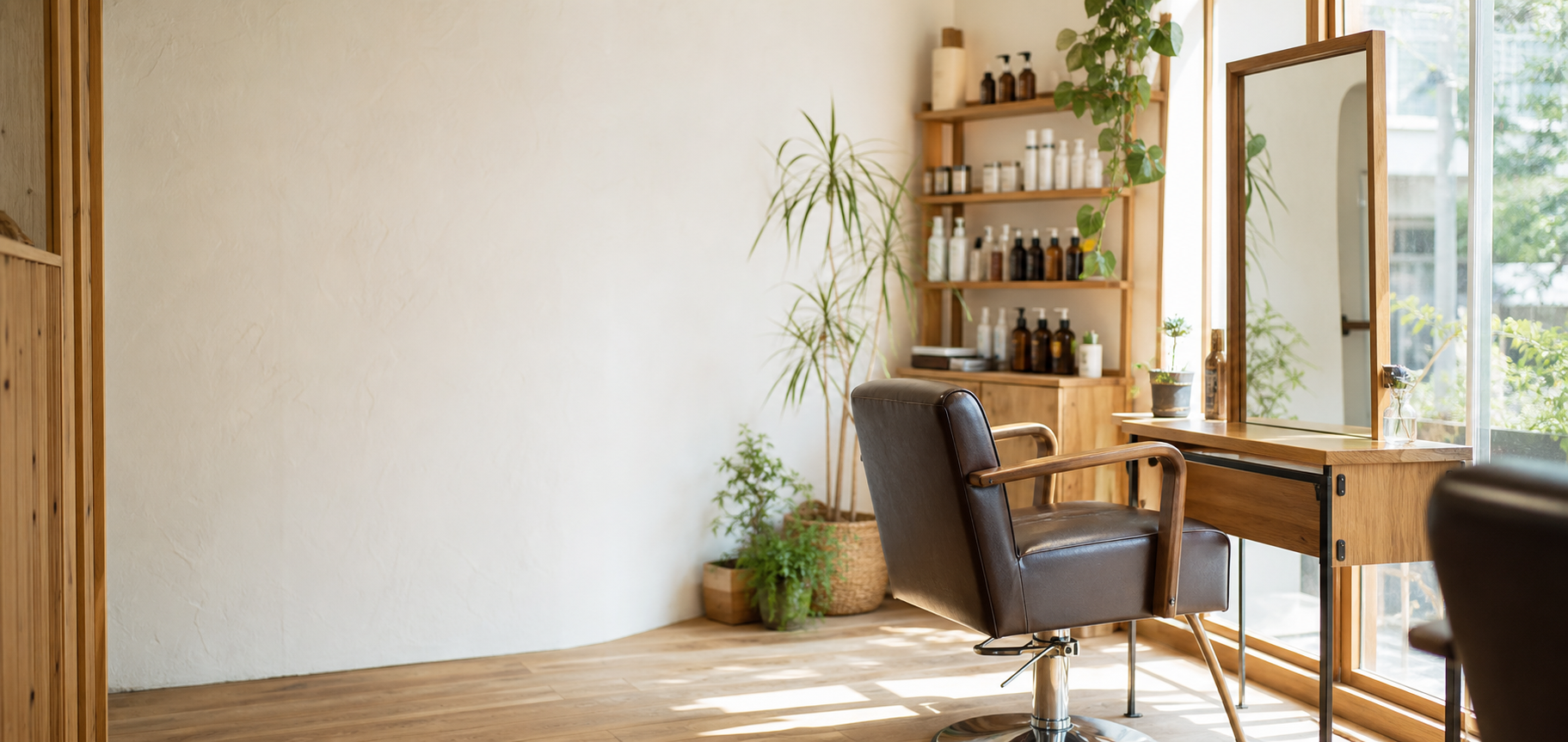 明るく落ち着いた小さなヘアサロンの店内
